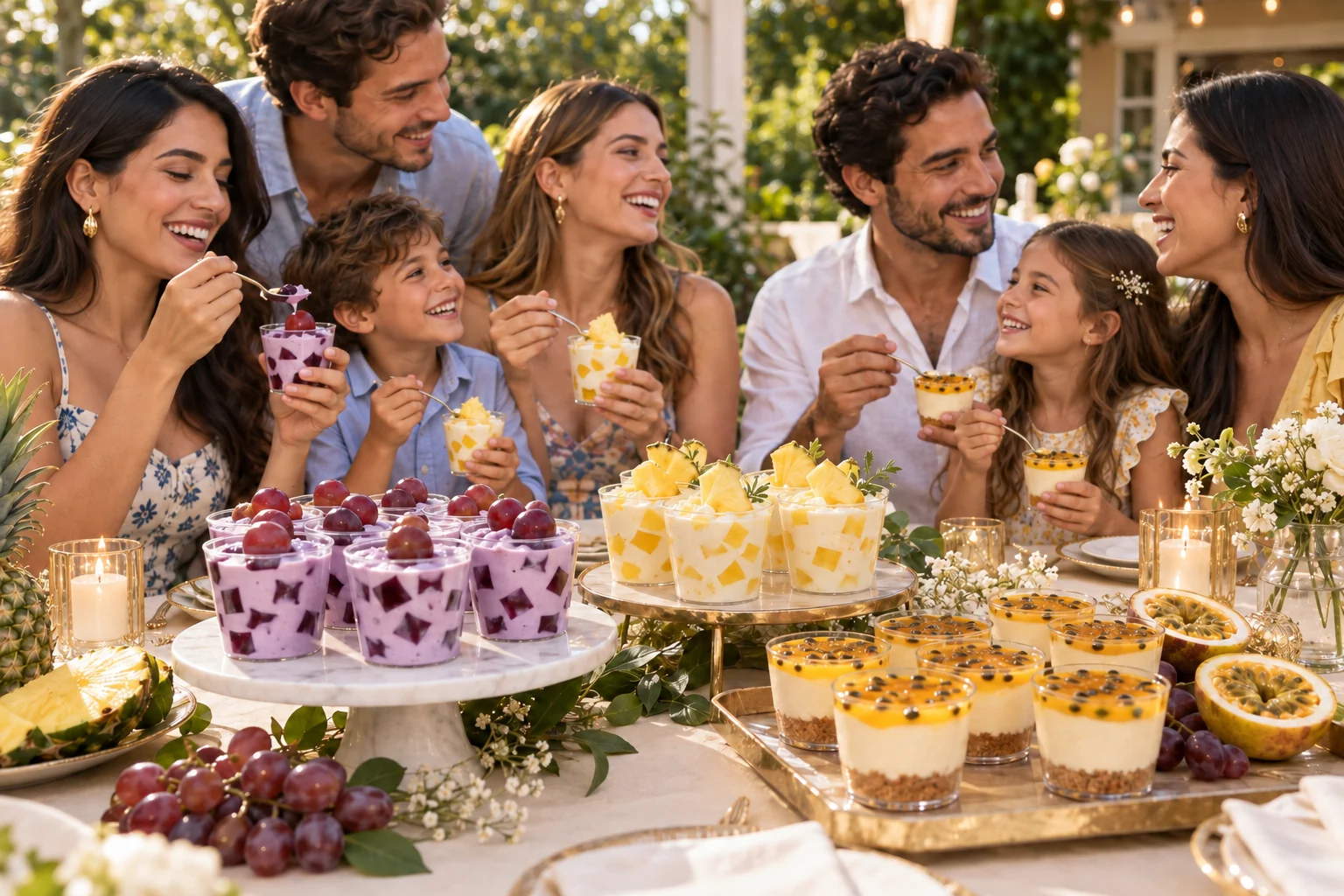 Adultos y niños disfrutando mosaicos de uva, piña y cheesecake de maracuyá en una celebración al aire libre